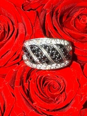 Sterling Silver 925 Black & White CZ Statement Ring Wide Band Cocktail Ring